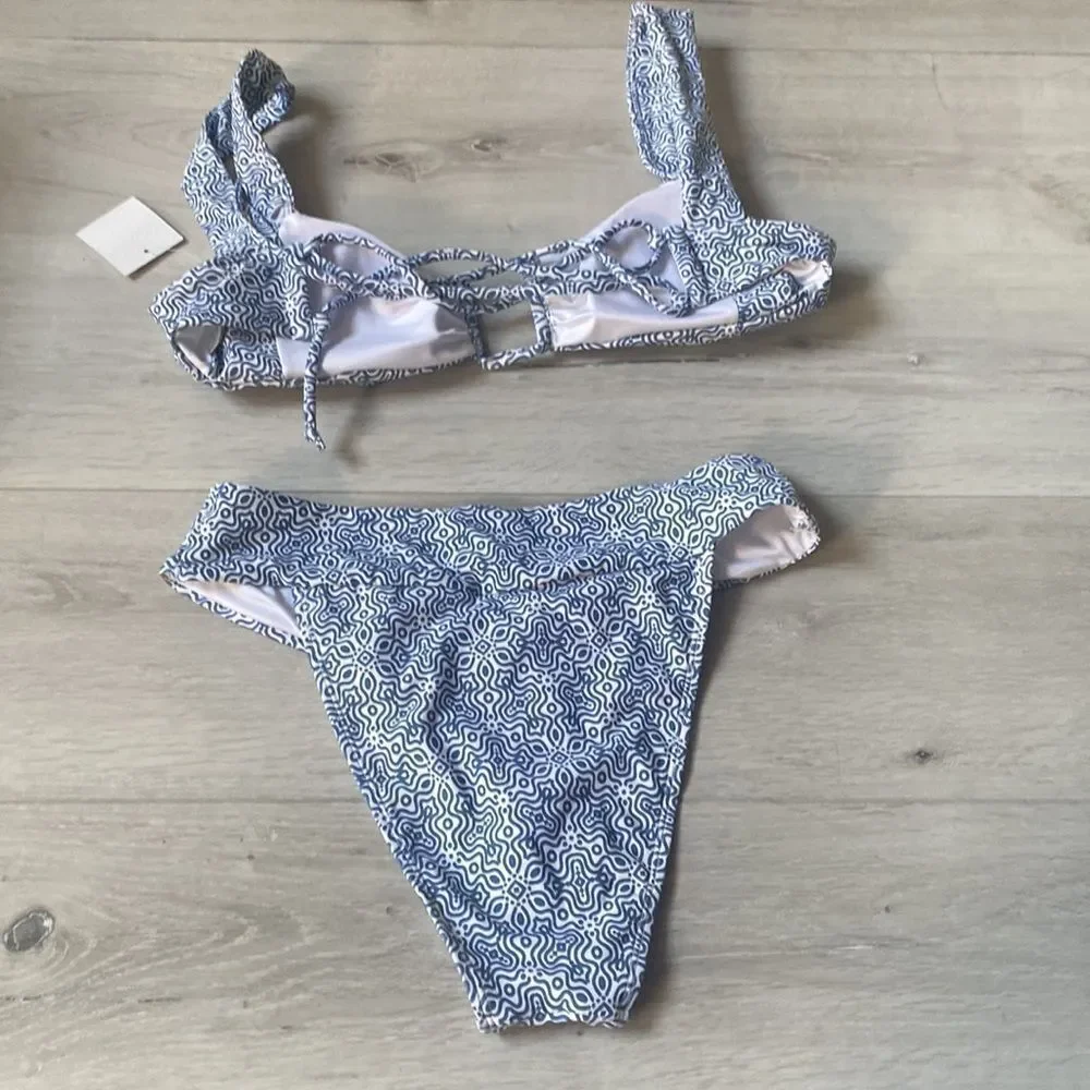 Her.Own Sierra Swim Top Tie Back XL Quin Bottom M Bikini Set Tile Blue/White NWT